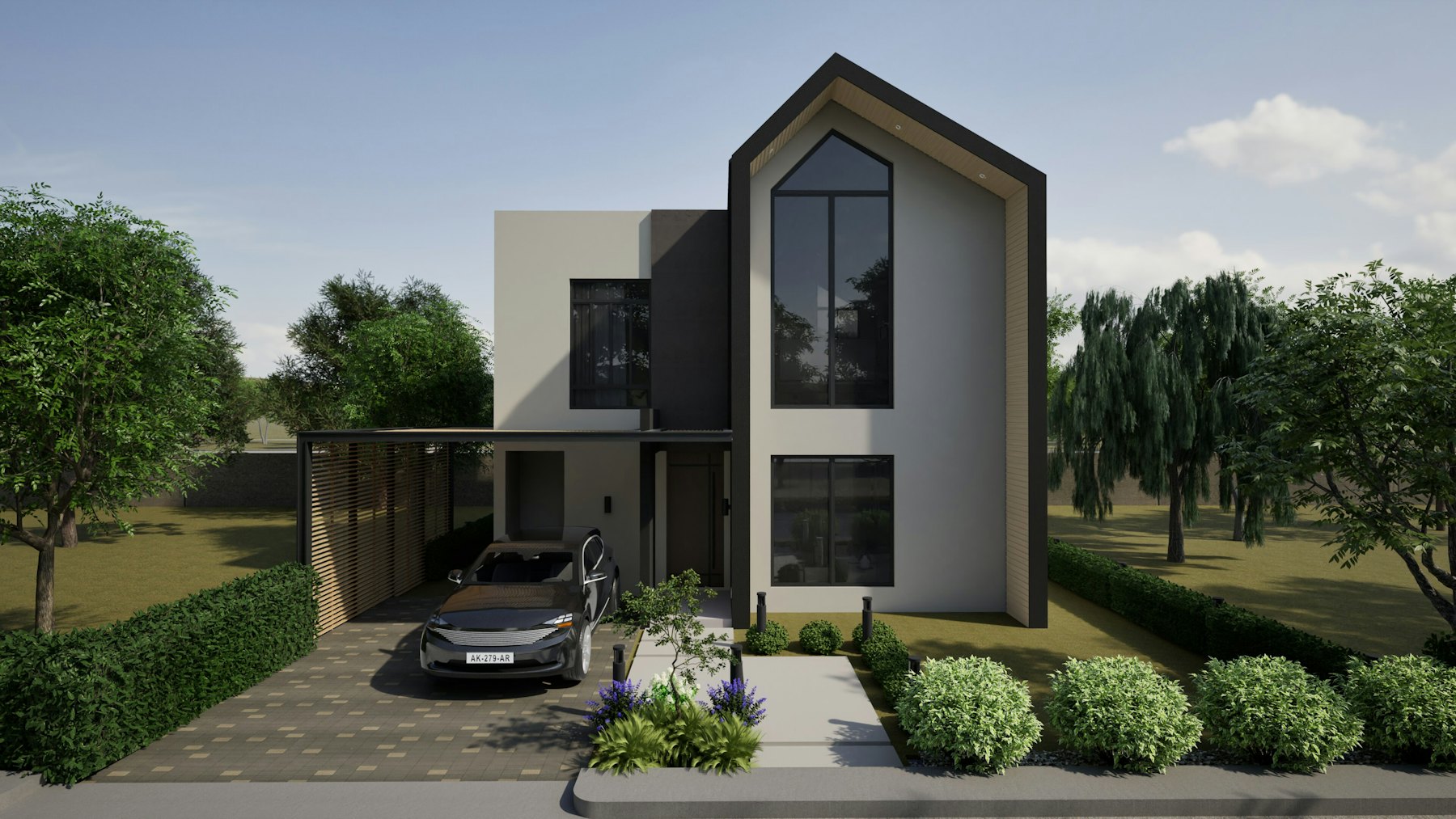 Modern home exterior with a covered parking area